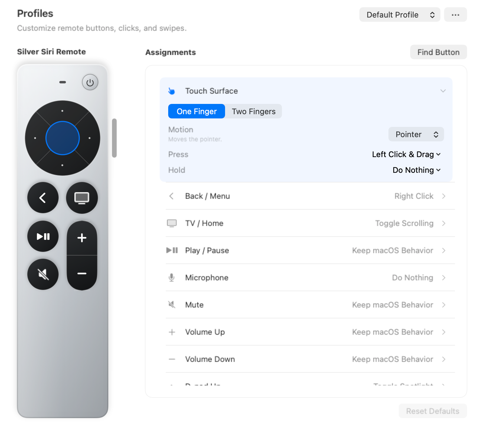 CouchCursor Profiles showing remote button assignments