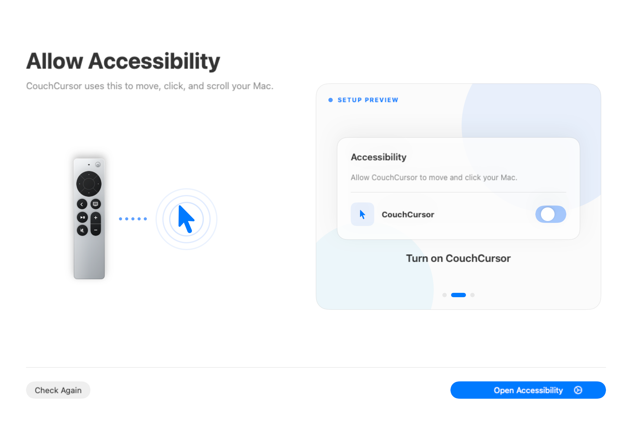 CouchCursor explains Accessibility permission