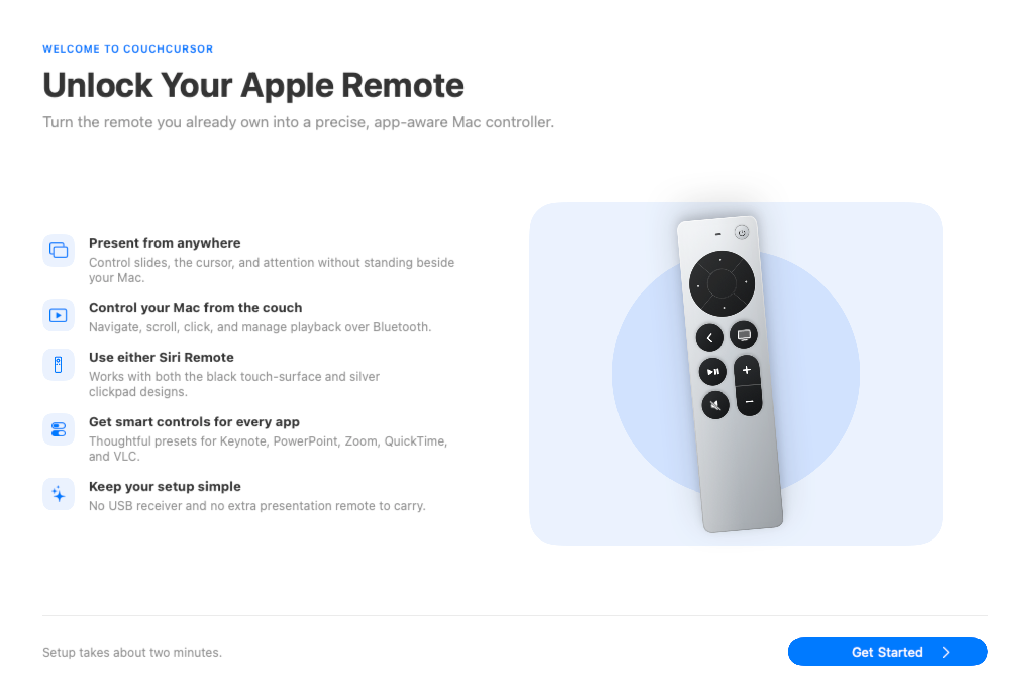 CouchCursor welcome screen and Get Started button